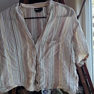 Prana Striped Button Down Shirt - Cream and Brown